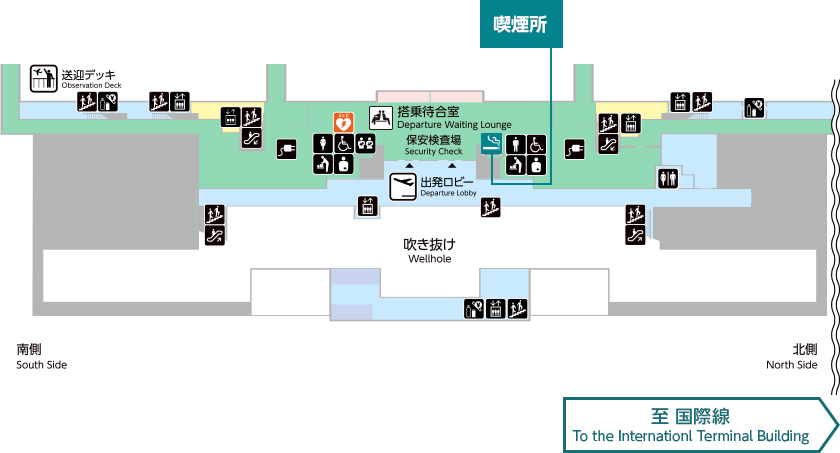 国内線ターミナル2階の館内図です。喫煙所は搭乗待合室にあります。