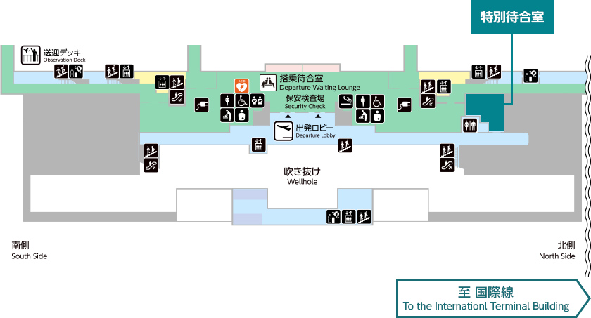 国内線ターミナル2階の館内図です。設置場所は各サービス・施設の説明文をご覧ください。