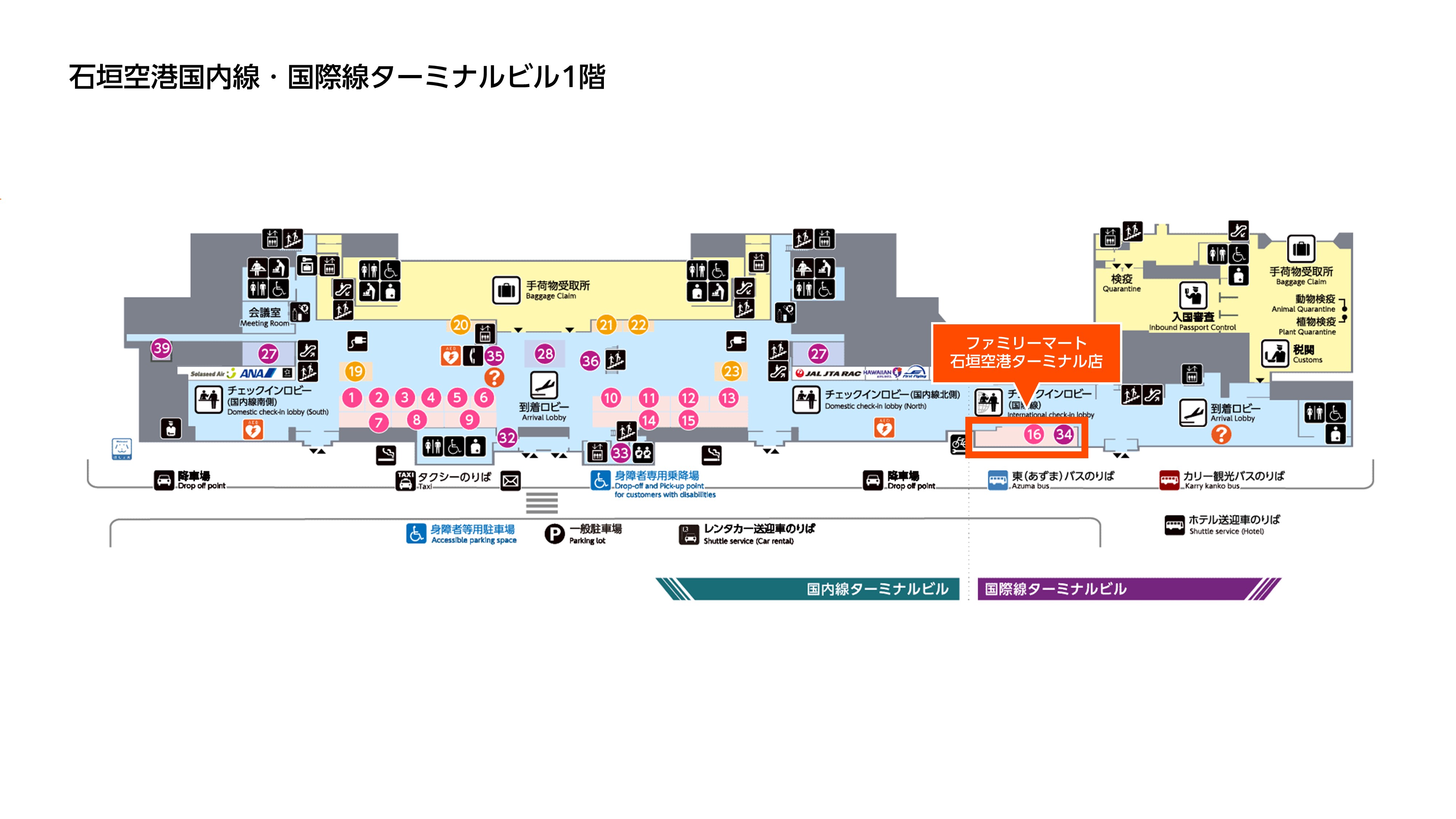 ファミリーマート石垣空港ターミナル店は国際線ターミナルビル1階です。国内線ターミナルビル1階北側チェックインロビーまたは国際線ターミナルビル出入口の付近です。